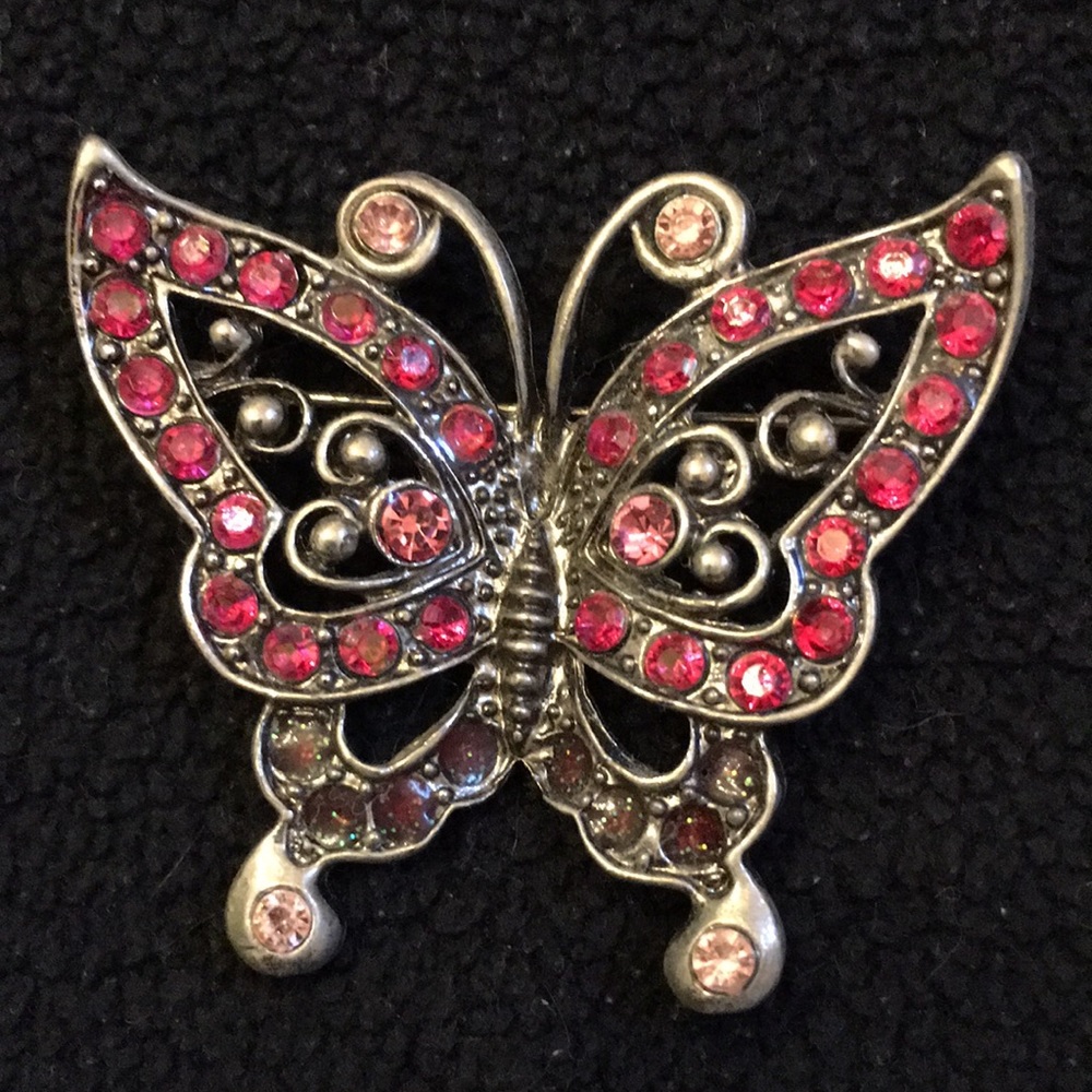 Vintage butterfly brooch with pink rhinestones
